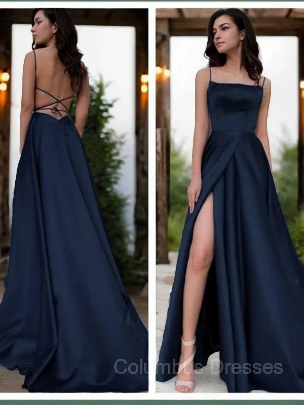 A-Line/Princess Spaghetti Straps Sweep Train Satin Prom Dresses With Leg Slit Formal unclassified dresses