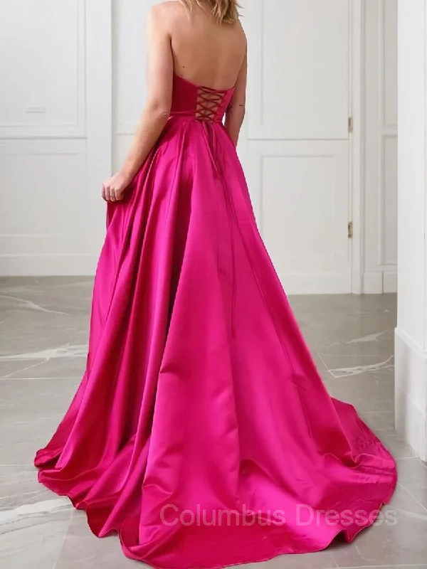 A-Line/Princess Strapless Sweep Train Satin Prom Dresses With Leg Slit A-line unclassified dresses