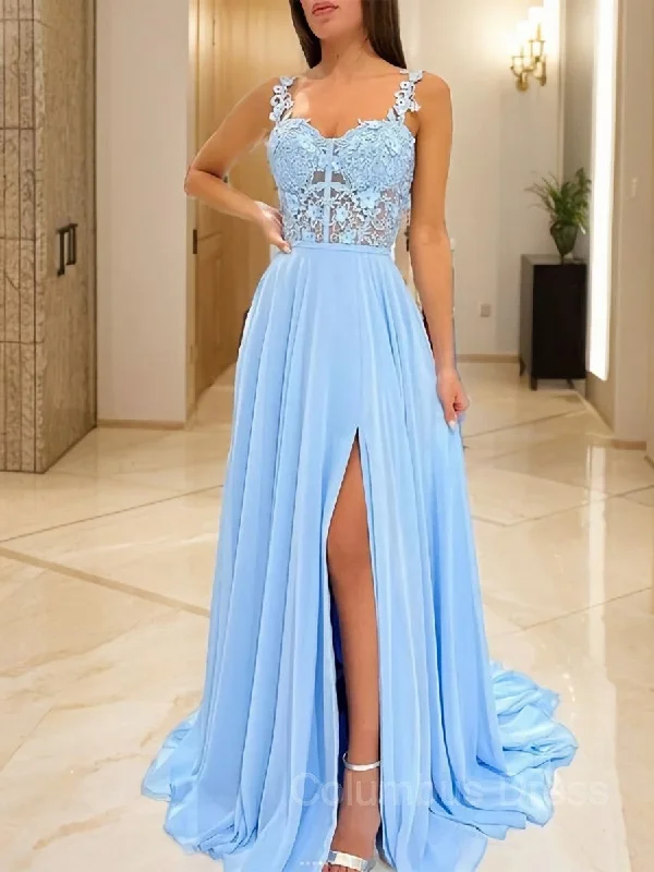 A-Line/Princess Straps Sweep Train Chiffon Corset Prom Dresses With Leg Slit outfit Minimalist unclassified dresses