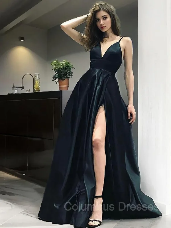 A-Line/Princess V-neck Floor-Length Satin Prom Dresses With Leg Slit Cotton unclassified dresses