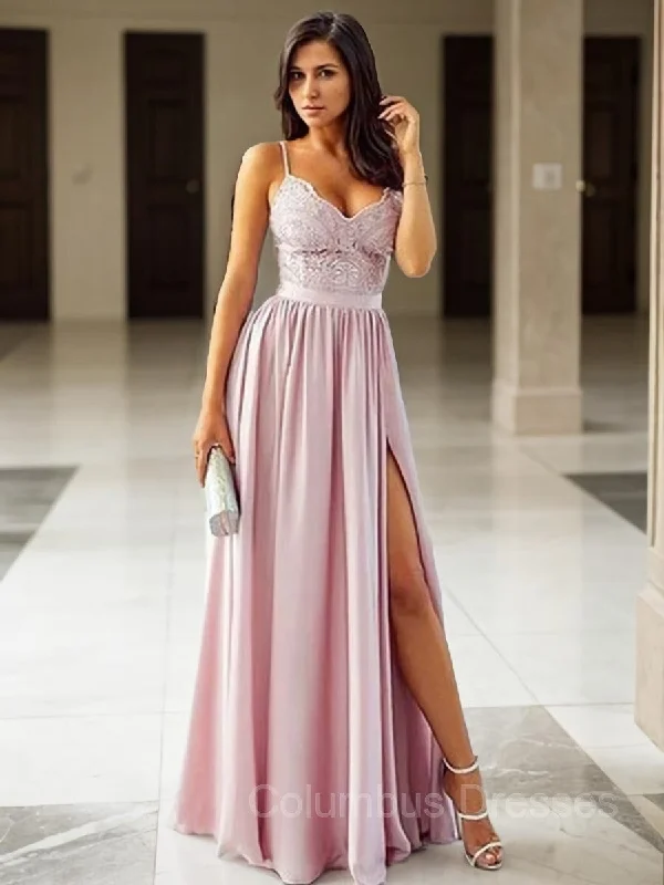 A-Line/Princess V-neck Floor-Length Silk like Satin Prom Dresses With Leg Slit Spring unclassified dresses