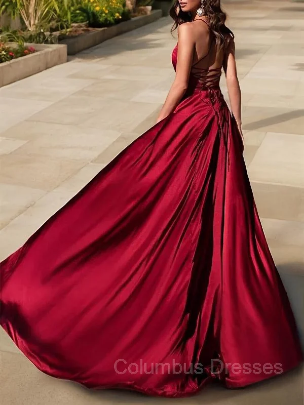 A-Line/Princess V-neck Sweep Train Elastic Woven Satin Evening Dresses With Leg Slit Office unclassified dresses