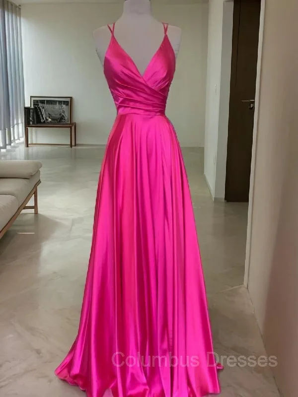 A-Line/Princess V-neck Sweep Train Elastic Woven Satin Prom Dresses Cotton unclassified dresses