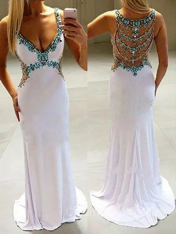 A-Line/Princess V-neck Sweep Train Jersey Prom Dresses With Rhinestone Fall unclassified dresses