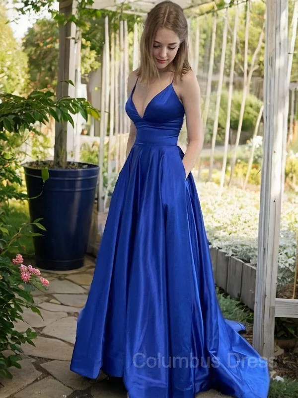 A-Line/Princess V-neck Sweep Train Satin Corset Prom Dresses With Pockets Gowns Best-selling unclassified dresses