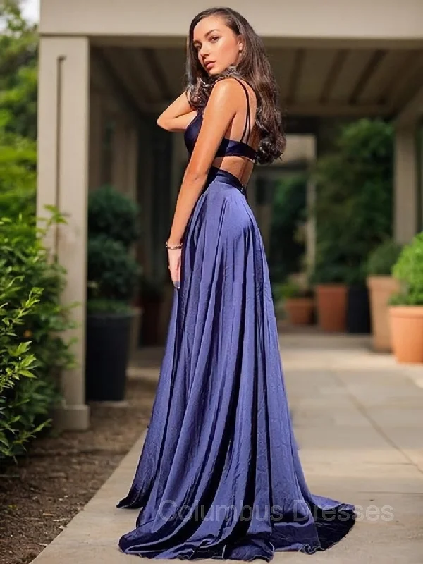 A-Line/Princess V-neck Sweep Train Silk like Satin Evening Dresses With Leg Slit A-line unclassified dresses