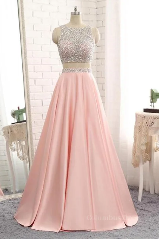 A Line Round Neck Two Pieces Beaded Pink Corset Prom Dresses, Two Pieces Pink Corset Formal Dresses, Pink Evening Dresses outfit Long sleeve unclassified dresses