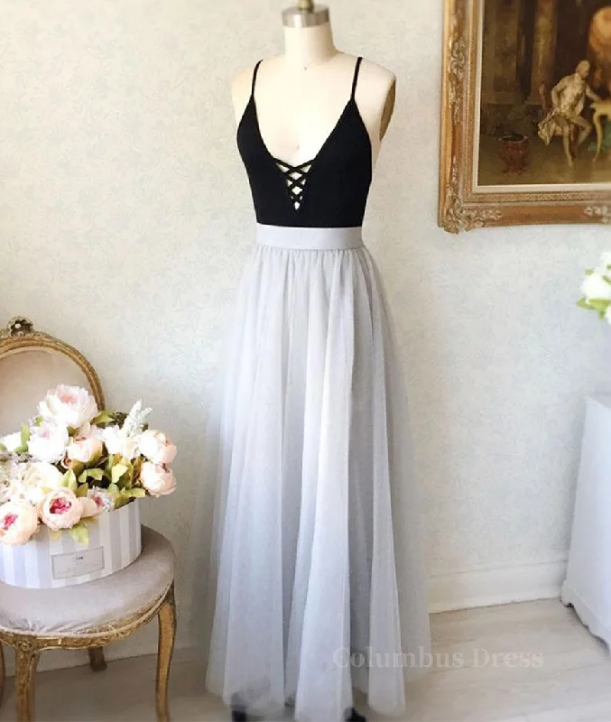 A Line V Neck Black Top Gray Corset Prom Dresses, Gray Corset Formal Dresses, V Neck Black Top Gray Evening Dresses, Graduation Dresses outfit Office unclassified dresses