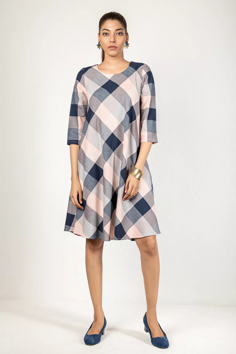 Baby Pink & Navy Blue Cotton Checked Dress Ruffled unclassified dresses