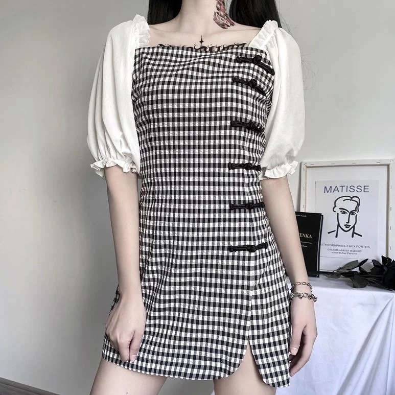 Black and White Plaid Cheongsam Dress SD00376 Short unclassified dresses