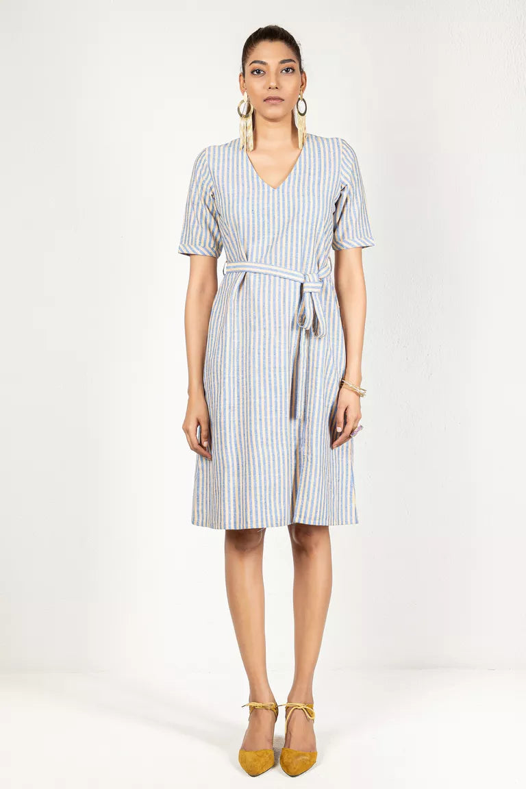 Blue & Yellow Woven Striped Dress Party unclassified dresses