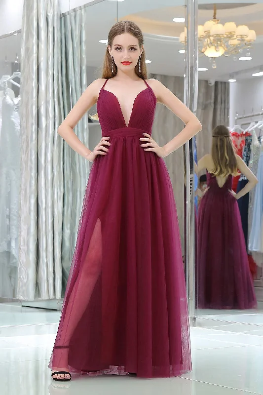 Burgundy A Line Floor Length Deep V Neck Sleeveless Side Slit Corset Prom Dresses outfit Casual chic unclassified dresses