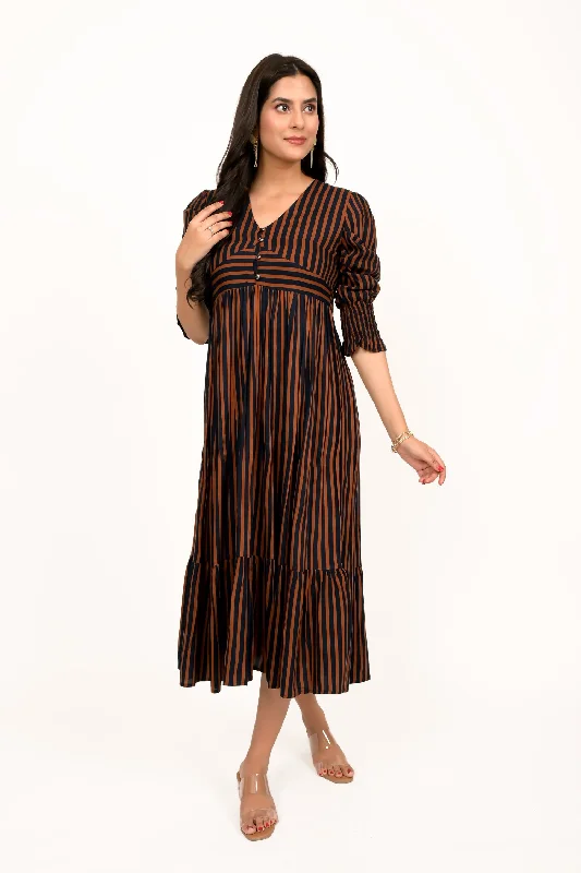 Coffee Brown And Navy Striped Calf Length Dress Popular unclassified dresses