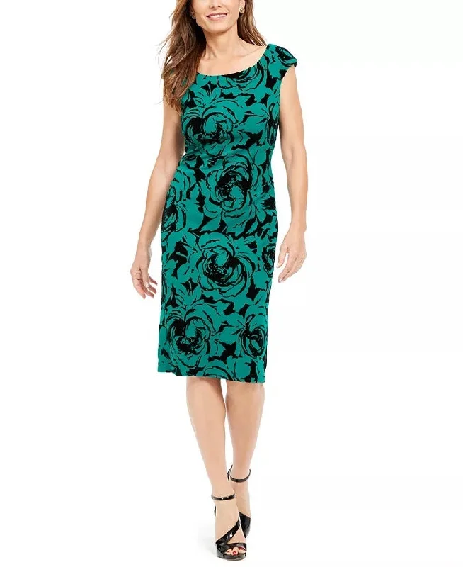 Connected Women's Petite Flocked Velvet Sheath Dress Bright Green Size 8 P Metallic unclassified dresses