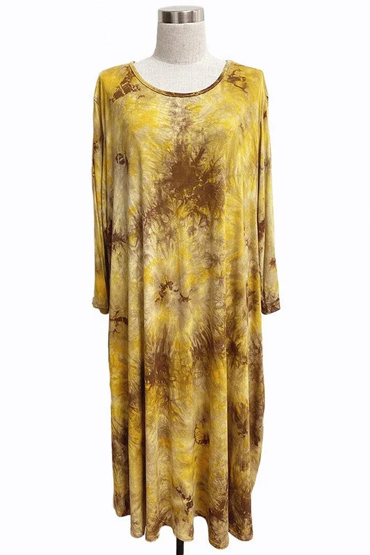 Golden Yellow Tie Dye Dress w 3Qtr Sleeves Comfortable unclassified dresses