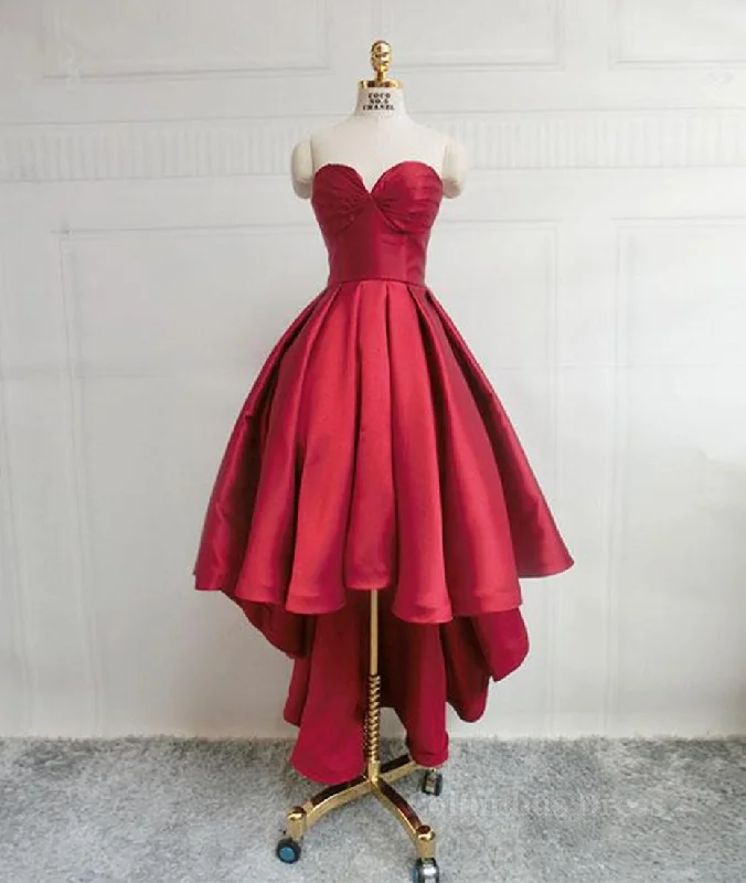 High Low Sweetheart Neck Strapless Backless Satin Red Corset Prom Dresses, Red Graduation Dresses, Red Backless Corset Formal Evening Dresses outfit Sequin unclassified dresses