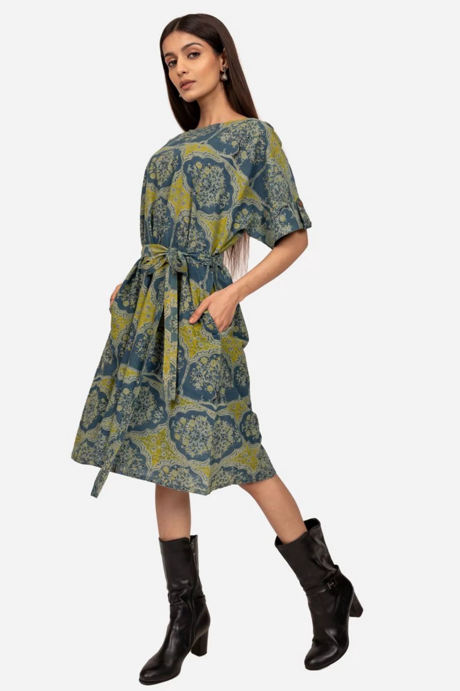 Indigo and mustard pocket tie up dress Long unclassified dresses