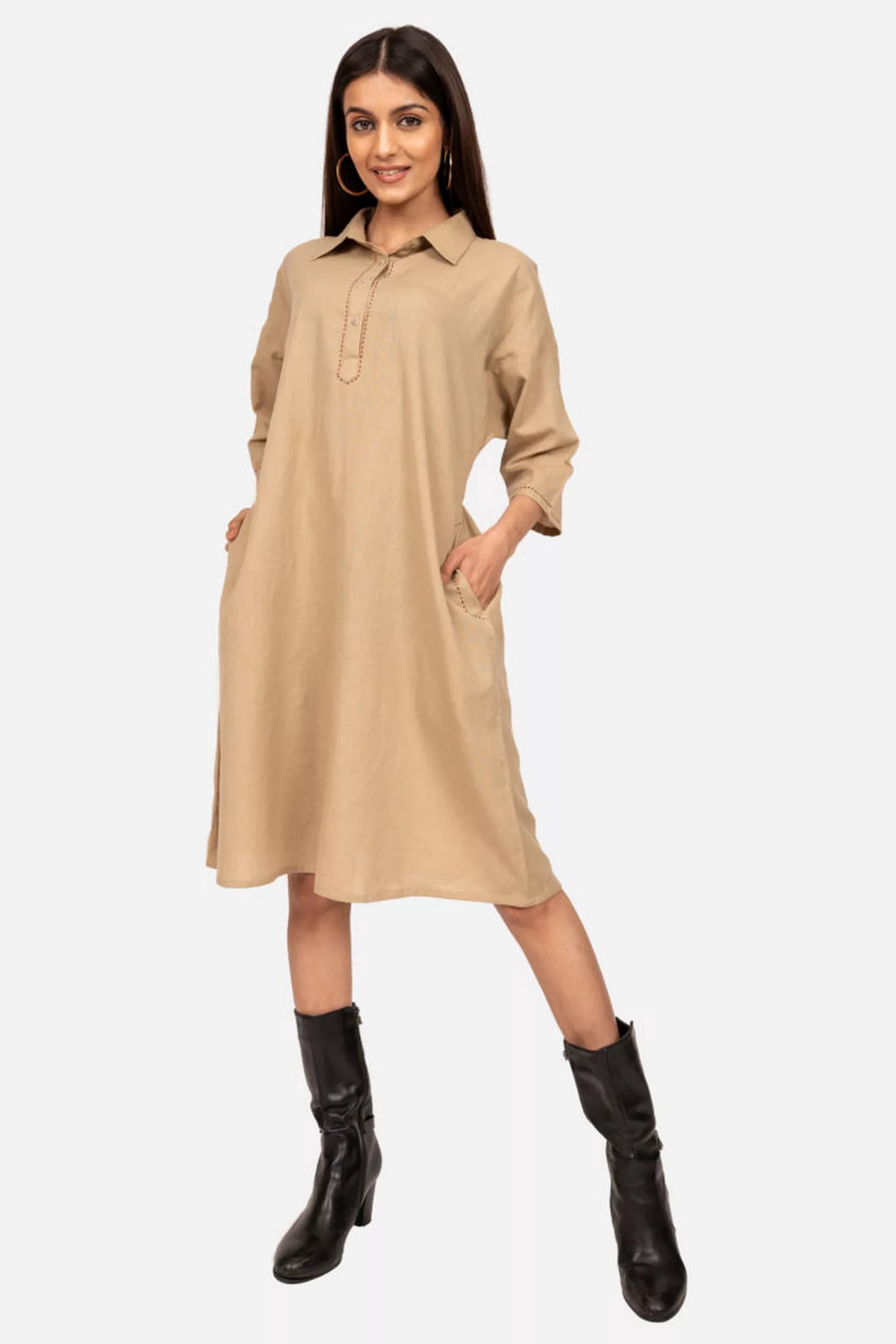 Khaki knee length cotton dress Wedding guest unclassified dresses