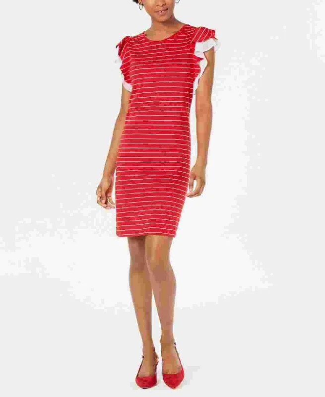 Maison Jules Women's Striped Ruffle-Sleeve Dress Red Size Large Open-back unclassified dresses