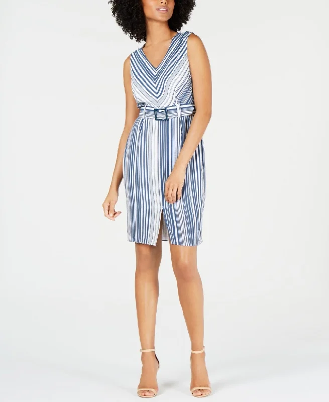 Monteau Women's Belted Striped A Line Dress Blue Size Petite Large Monochrome unclassified dresses