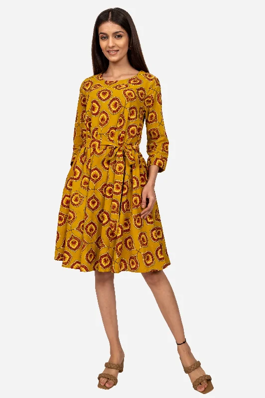 Mustard ajrakh flared dress Bold pattern unclassified dresses