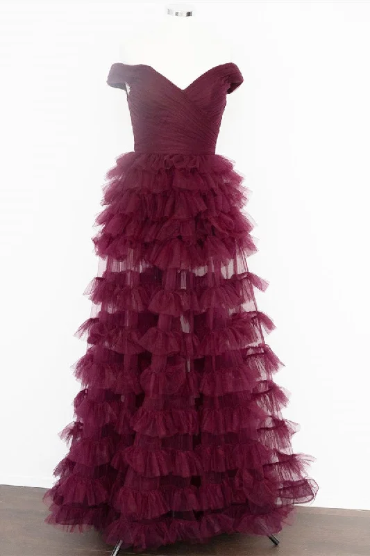 Off the Shoulder Burgundy Pleated Sheer Tiered Prom Dress Chic unclassified dresses