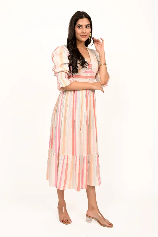 Pastel Multicoloured Striped Calf Length Dress Club unclassified dresses