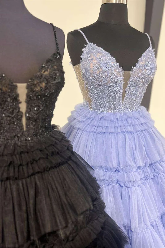 Plunging V-Neck Straps Appliques Layered Prom Dress Trendy new unclassified dresses