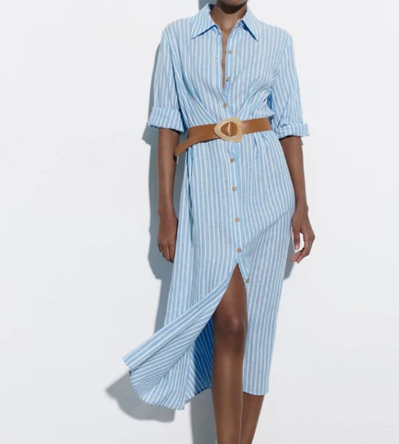 Rebecca Striped Button Down Sleeve Dress Stretchy unclassified dresses