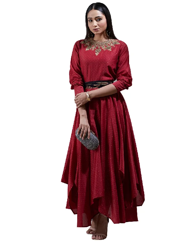 Ritu Kumar Red Embroidered Asymmetric Chanderi Kurta Dress Smocked unclassified dresses