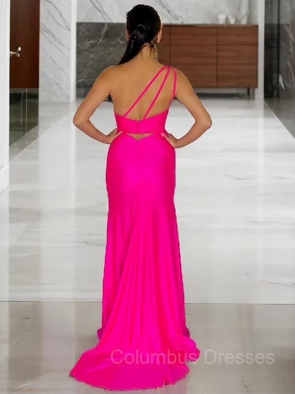 Sheath/Column One-Shoulder Sweep Train Elastic Woven Satin Prom Dresses With Leg Slit Satin unclassified dresses