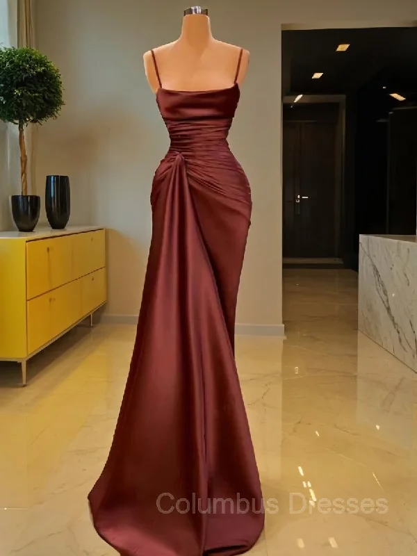 Sheath/Column Spaghetti Straps Floor-Length Elastic Woven Satin Prom Dresses With Ruffles Sequin unclassified dresses