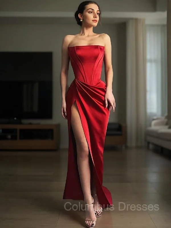 Sheath/Column Strapless Sweep Train Satin Prom Dresses With Leg Slit Smocked unclassified dresses