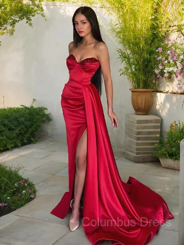 Sheath/Column Sweetheart Sweep Train Elastic Woven Satin Corset Prom Dresses With Leg Slit outfit Velvet unclassified dresses