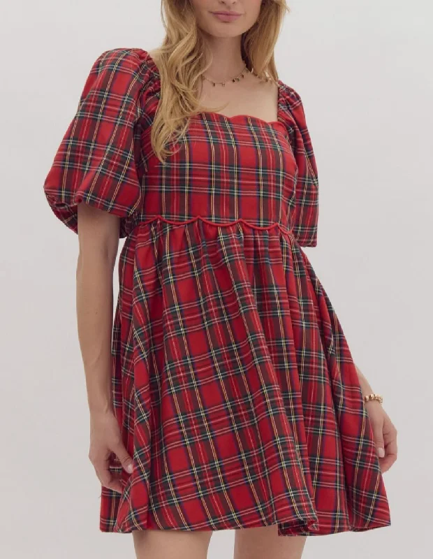 The Holly Scalloped Plaid Dress in Red Trendy new unclassified dresses