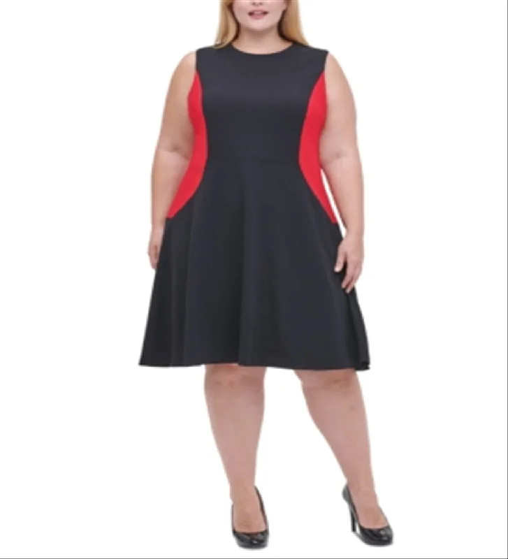 Tommy Hilfiger Women's Plus Colorblocked Fit & Flare Dress Black-Red Size 14W Y2K unclassified dresses