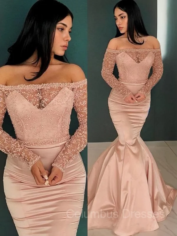 Trumpet/Mermaid Off-the-Shoulder Sweep Train Satin Evening Dresses Open-back unclassified dresses