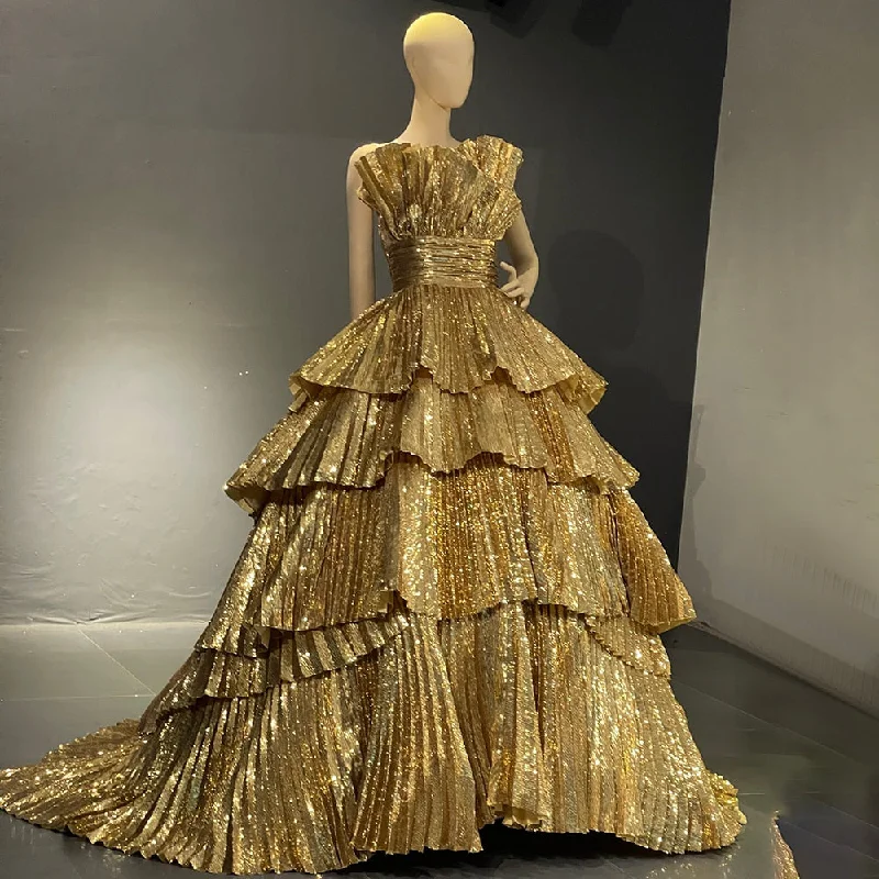 Dubai Sparkly Gold  Ruffles Luxury Beaded Designer Dress Comfortable unclassified dresses