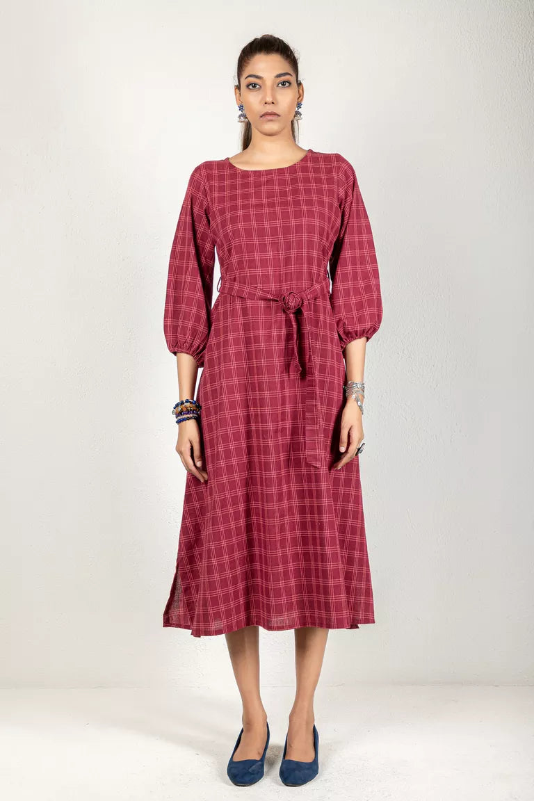 Wine-Colored Woven Checked Dress High-low unclassified dresses