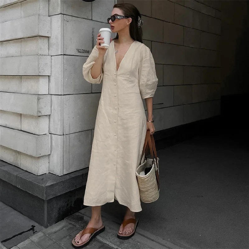 Women's Fashion Casual Cotton Linen V-neck Puff Sleeve Dress Cocktail unclassified dresses