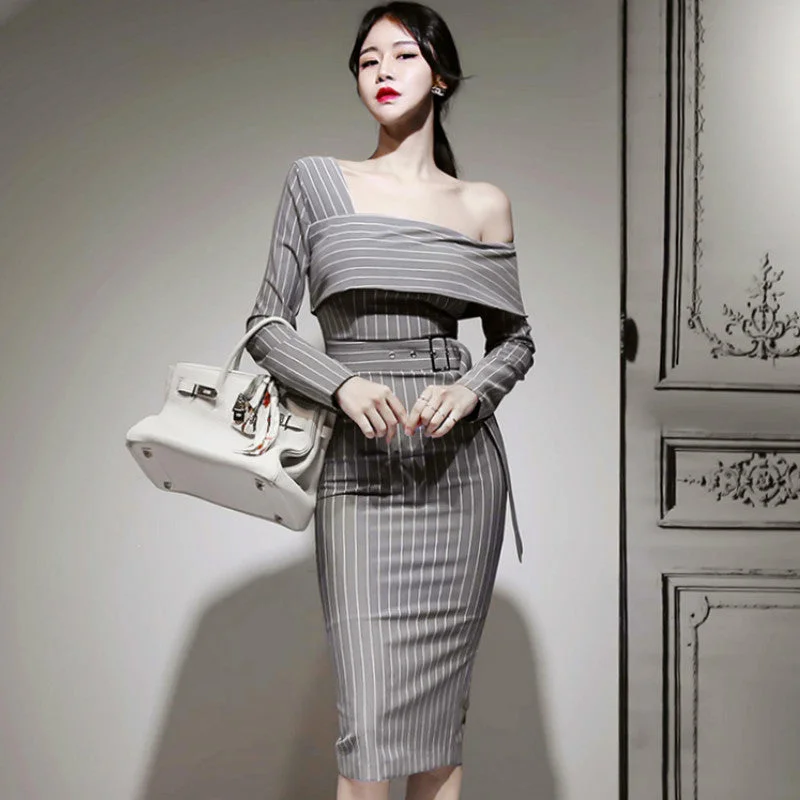 Women's Spring/Autumn One-Shoulder Sheath Striped Dress Sequin unclassified dresses