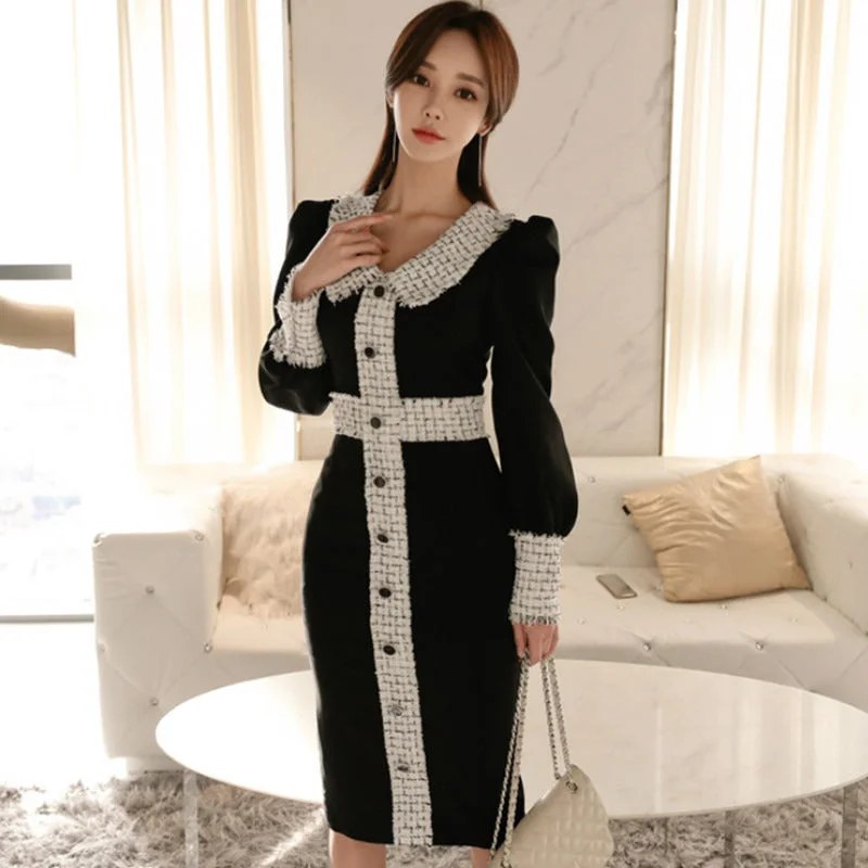 Women's Spring/Autumn Sheath Patchwork Dress With Buttons Dark color unclassified dresses