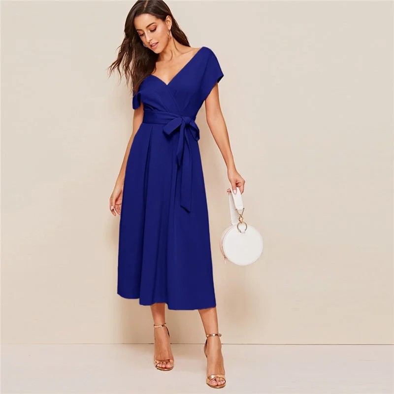 Women's Summer V-Neck Belted High-Waist Dress Designer unclassified dresses