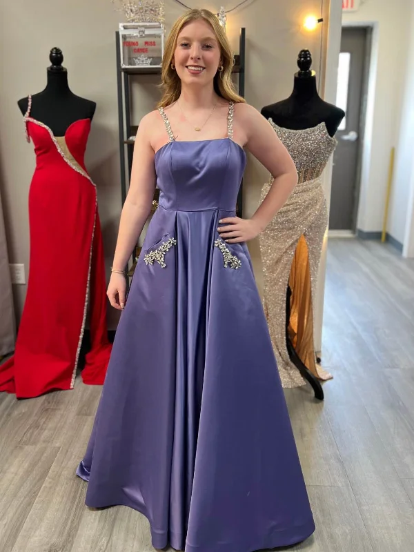 A Line Open Back Purple Satin Long Prom Dresses with Pocket, Beaded Purple Formal Graduation Evening Dresses SP3079 Chic Maxi Dress