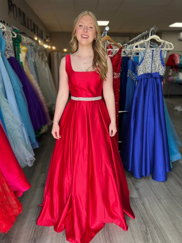 A Line Open Back Red Satin Long Prom Dresses with Belt, Long Red Formal Graduation Evening Dresses SP3073 Maxi Skirt Collection