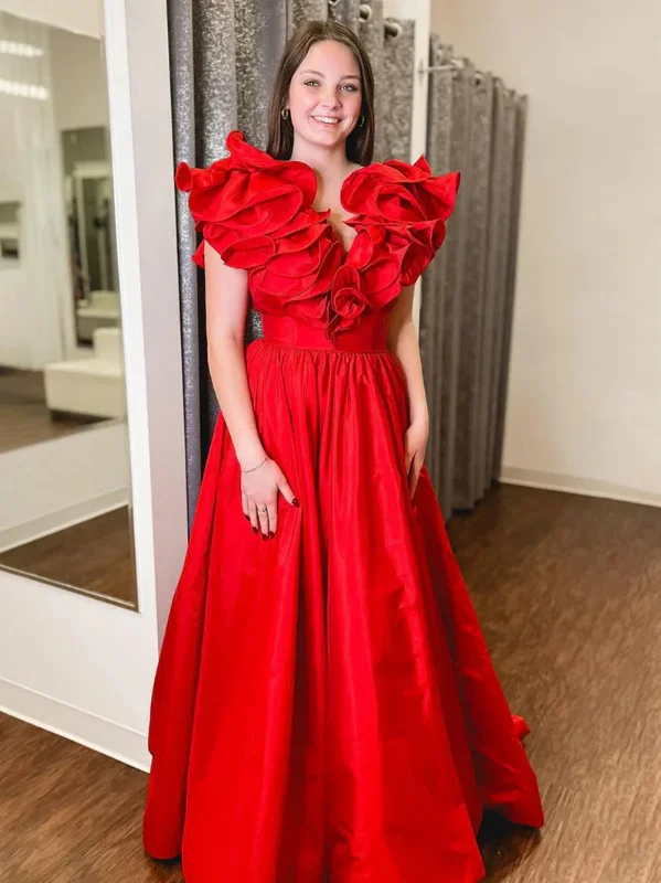 A Line Ruffle V Neck Red Satin Long Prom Dresses, Long Red Formal Graduation Evening Dresses SP3069 Full Maxi Skirt