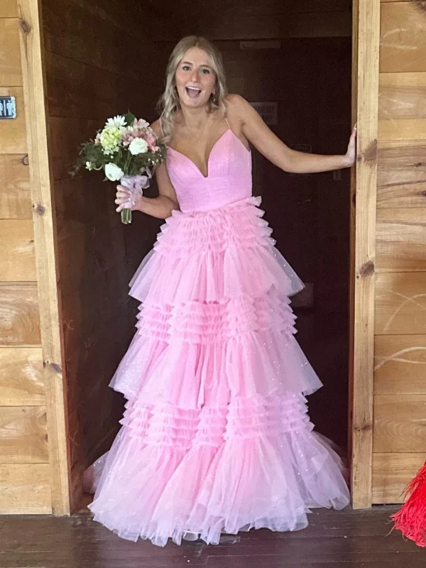 A Line V Neck Layered Pink Tulle Long Prom Dresses, Long Pink Formal Graduation Evening Dresses SP3076 Sleek Maxi Skirt