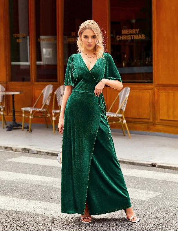 DingJiDress Wedding Guest Dress Women's V Neck Wrap Velvet Maxi Dress Bell Sleeve Split Bridesmaid Cocktail Party Dresses Formal Wear Dresses Evening Dress Button-front Maxi Skirt