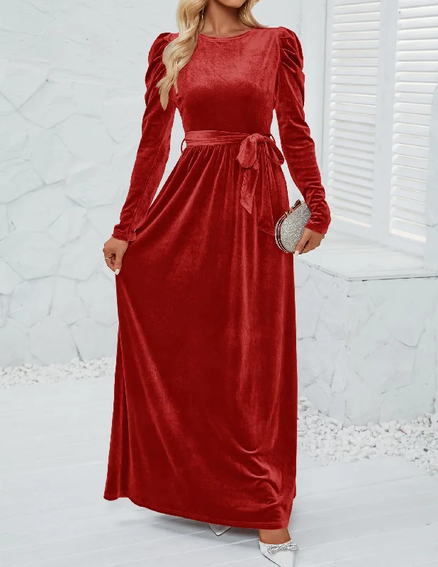 DingJiDress Wedding Guest Dress Women's Velvet Maxi Dress Long Puff Sleeve Crew Neck Elastic High Waist Cocktail Party Formal Wear Dresses Evening Dress Vintage Maxi Skirt