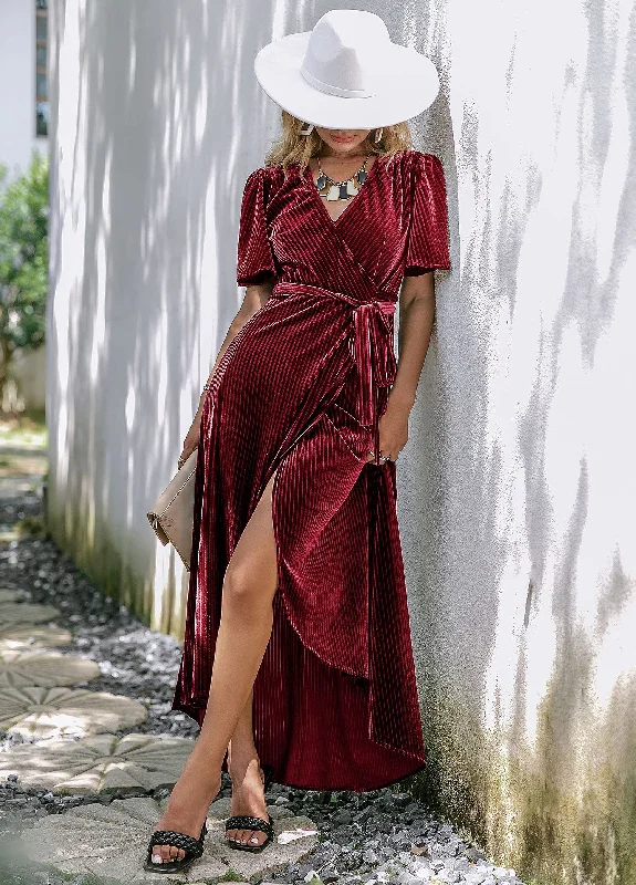 DingJiDress Wedding Guest Dress Women's Velvet V Neck Short Sleeve Wrap Maxi Dress Formal Wear Dresses Evening Dress Maxi Skirt Chic